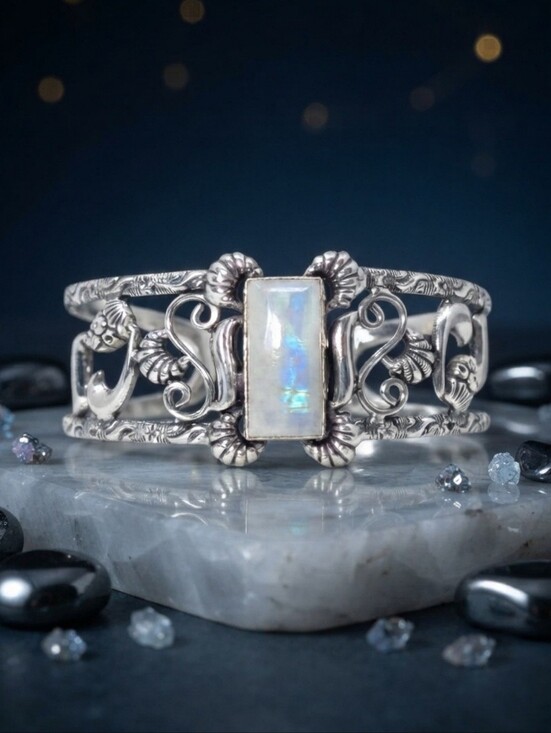 NKULTD Jewelry - 925 Sterling Silver Rainbow Moonstone Filigree Cuff Bracelet Iridescent Bohemian